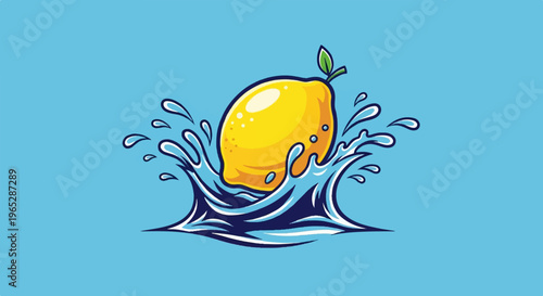 A bright yellow lemon splashes into vibrant blue water under a clear sky
