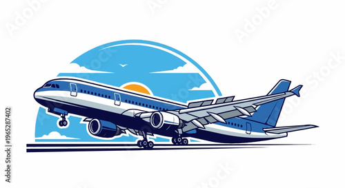 Airplane taking off at sunset against a blue sky with clouds