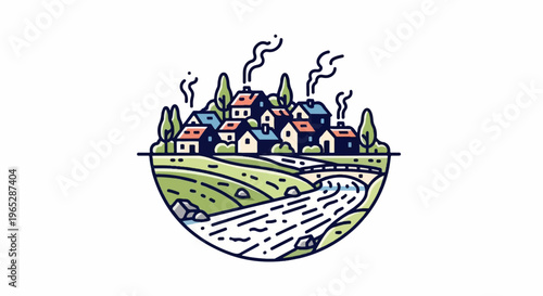 Stylized village nestled in rolling hills with a flowing river and bridge