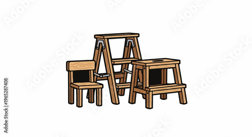 Simple wooden stool, step stool, and ladder arranged together