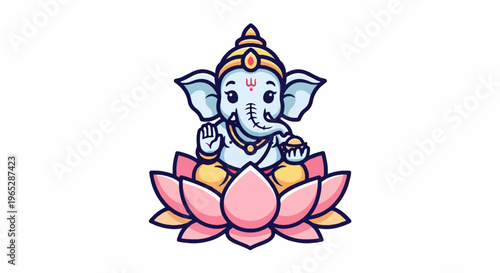 A cute cartoon elephant deity sits peacefully on a large pink lotus flower