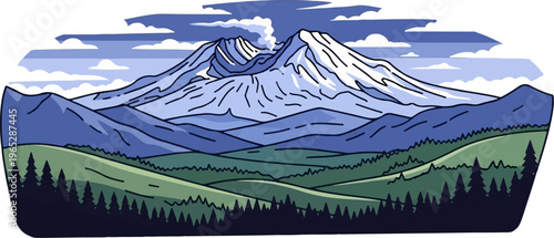 Stylized twin peaks volcano with snow, clouds, green hills, and forest