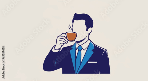 Stylized man in suit drinks from a steaming coffee cup