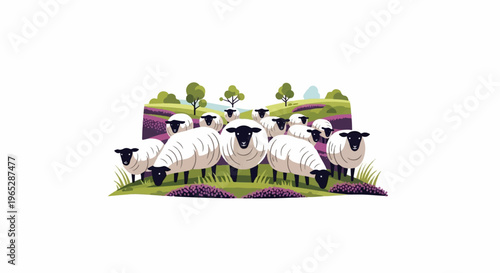 A flock of woolly sheep graze peacefully in a picturesque field of purple heather