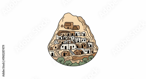 Ancient cave dwellings carved into a rocky hill with trees