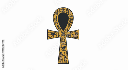 Ancient Egyptian ankh symbol with hieroglyphs and deities
