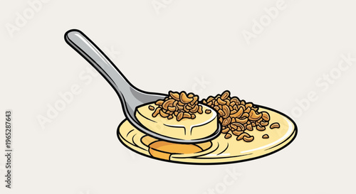 A spoonful of creamy dessert topped with crunchy nuts on a light yellow plate