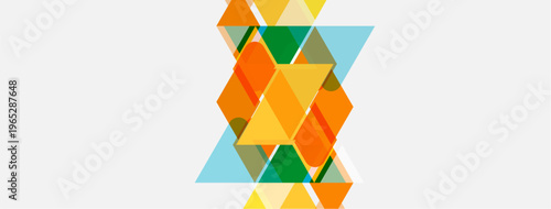 Abstract geometric design. Overlapping triangles create complex pattern. Orange, green, yellow hues dominate neutral background. Modern aesthetic.