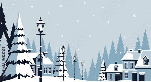 Snowy village with evergreen trees and lampposts in a winter scene