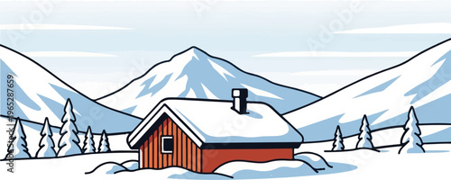 A snow-covered cabin sits nestled between mountains and pine trees