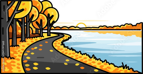 Autumn path by tranquil water under a glowing sunset