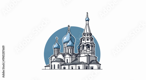 Stylized drawing of a church with onion domes behind a blue circle