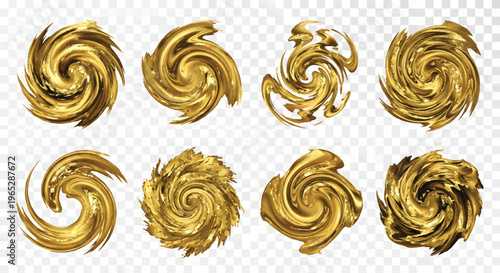 Golden swirl element collection set with metallic liquid texture and luxury paint stroke spiral shapes on white.