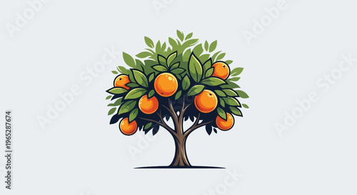 A stylized illustration of an orange tree with ripe fruit and green leaves