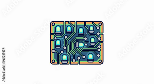 A stylized illustration of a blue circuit board with glowing green LEDs
