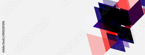 Abstract geometric shapes overlap, creating dynamic composition. Pink, purple, black hues dominate white background. Modern design element.