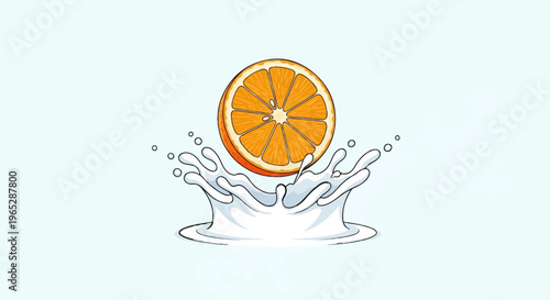 An orange slice splashes into a pool of white liquid with small bubbles