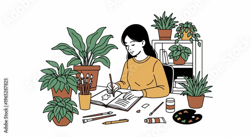Artistic woman drawing at desk surrounded by plants, art supplies