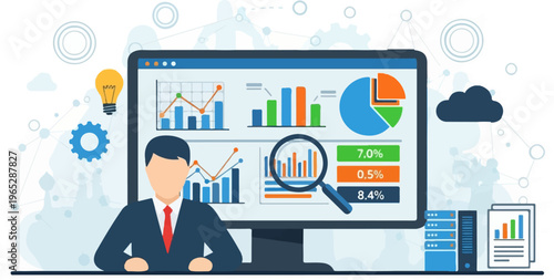 Businessman analyzing data on a monitor with charts, graphs, and a lightbulb