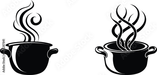 Two stylized black silhouette illustrations of steaming cooking pots, indicating hot food, perfect for kitchen designs or restaurant menus.