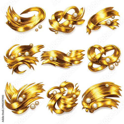 Set of abstract gold brush strokes adorned with white pearls, isolated on a white background.