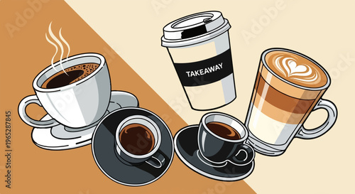 Assorted coffee cups and a takeaway cup arranged on a split background