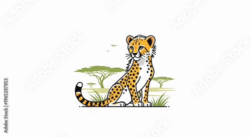 Cartoon cheetah sits in a savanna with acacia trees and birds