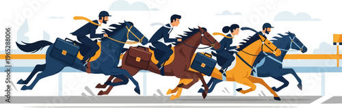 Business professionals race on horseback toward a finish line