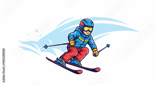 Cartoon child skier in blue jacket, red pants, and yellow goggles skiing downhill