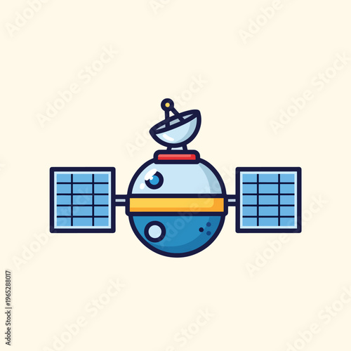 A cartoon-style illustration of a space satellite with a spherical body, dish antenna, and solar panels. It is centered on a light-colored background