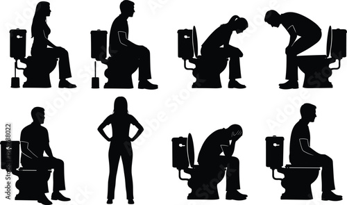 Collection of eight black silhouettes of people in various toilet poses, humorous bathroom illustration showing different postures, attitudes, and conceptual design