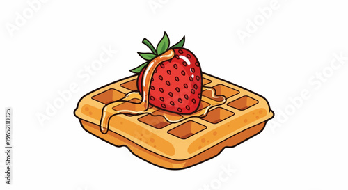 Cartoon waffle with strawberry and dripping syrup on white background
