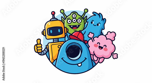 Cartoon robots, aliens, and fluffy creatures in a circle