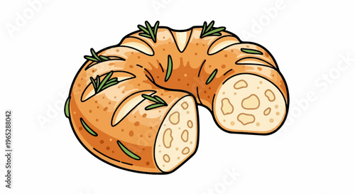 Stylized round loaf of bread with rosemary sprigs and visible crumb texture