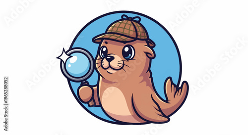 Cartoon seal wearing detective hat holds magnifying glass, looking curious