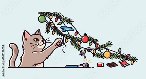 Cat playing with Christmas tree lights, ornaments, and treats