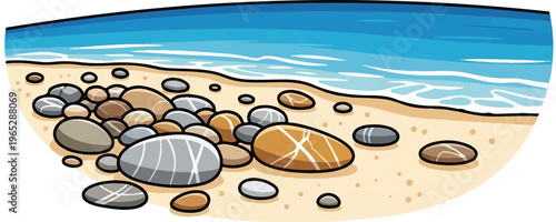 Cartoonish beach scene with blue ocean waves, sandy shore, and scattered pebbles