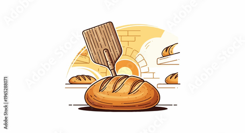 Bread baking in a rustic oven with a wooden peel and loaves on shelves