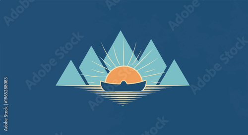 Stylized sunset over water with mountains and a boat silhouette