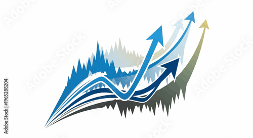 Stylized upward trending arrows with abstract jagged lines in blues and greens
