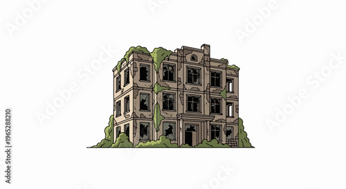 Crumbling, overgrown building with broken windows and faded facade