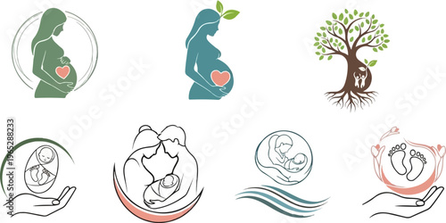 Collection of diverse family and new life symbolic illustrations