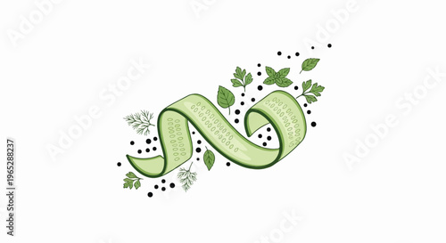 Swirling ribbon of cucumber with scattered herbs and peppercorns
