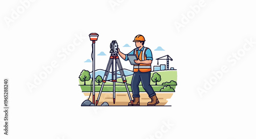 Surveyor uses total station and GPS on site with distant crane and hills