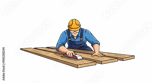 Carpenter smoothing wood planks with a sanding block