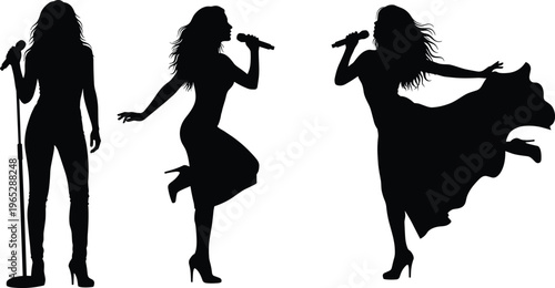 Silhouettes of three singers with microphones, expressive stage poses including standing, dancing, and flowing dress, symbolizing music, performance, entertainment, and artistic energy