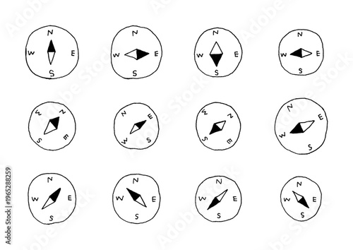 様々な方位を指し示す方位磁針の手描きイラストセット