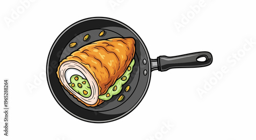 Delicious breaded chicken breast with green filling in a frying pan