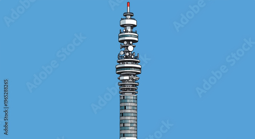 Tall broadcasting tower with antennas against a blue sky