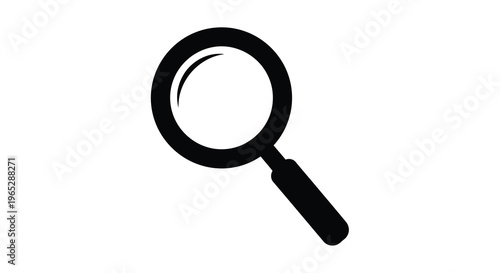 A simple black silhouette of a magnifying glass is displayed against a stark white background angled slightly high quality professional detailed
